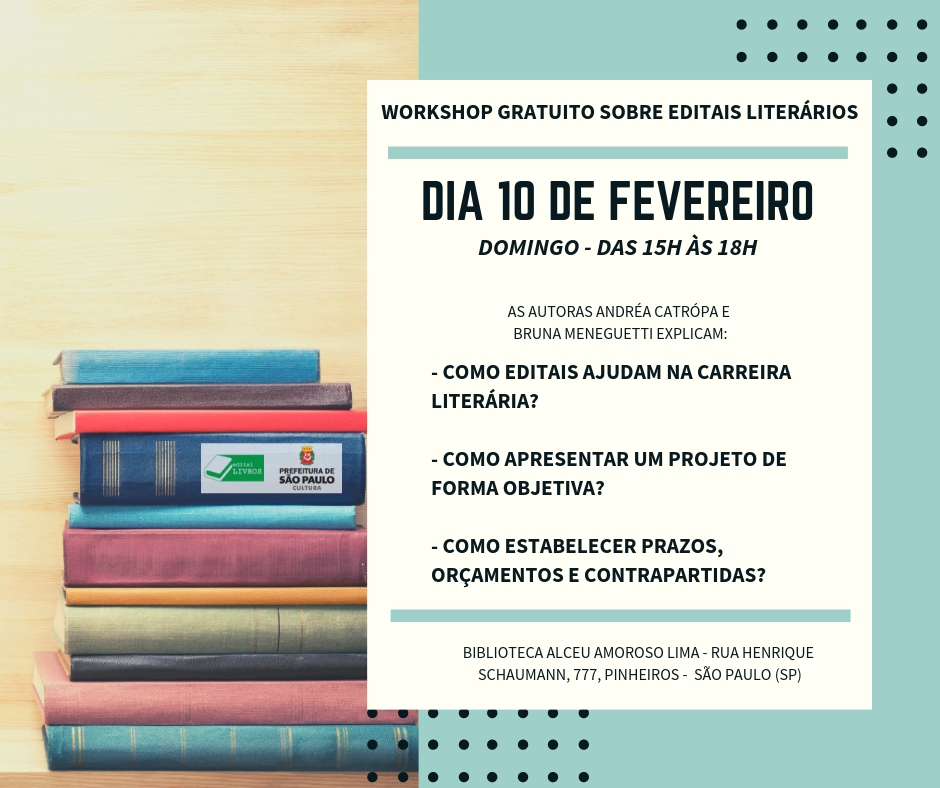 Workshop Editais literários face - Workshop gratuito sobre editais literários em São Paulo - Dia 10/02